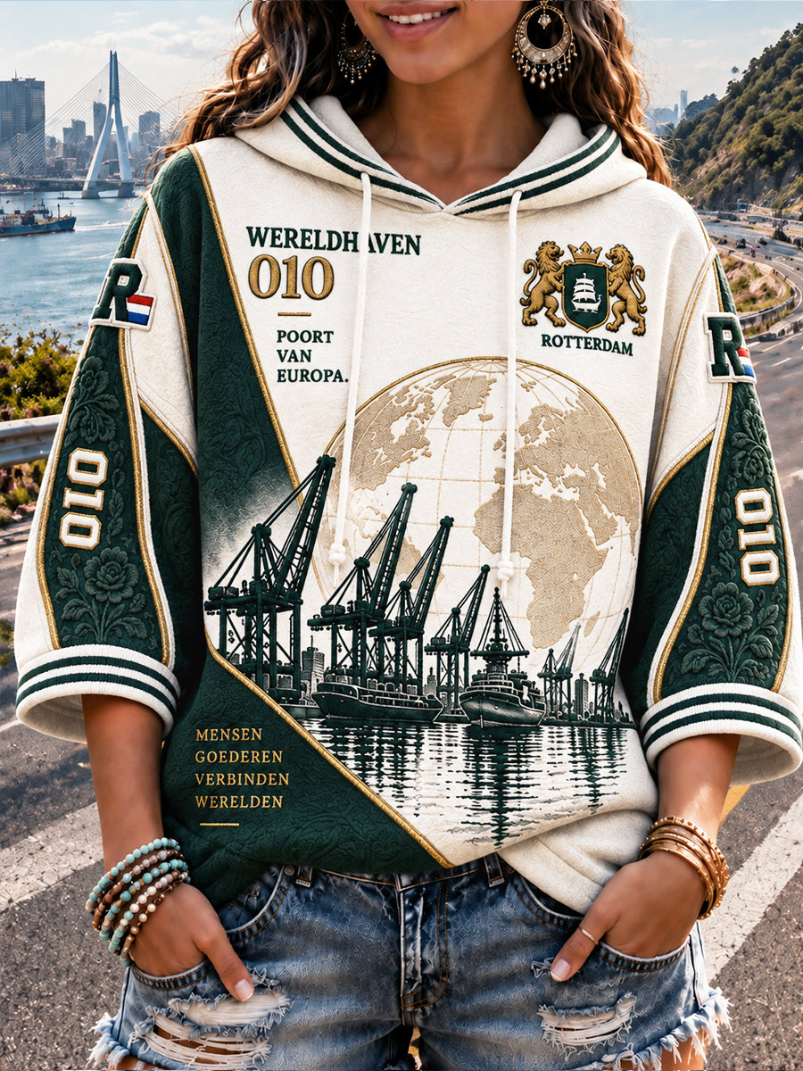Dutch Rotterdam Patchwork Print Casual Sweatshirt met capuchon