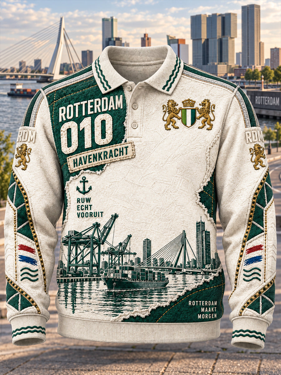 Nederlandse Rotterdamse patchwork print casual poloshirt met lange mouwen