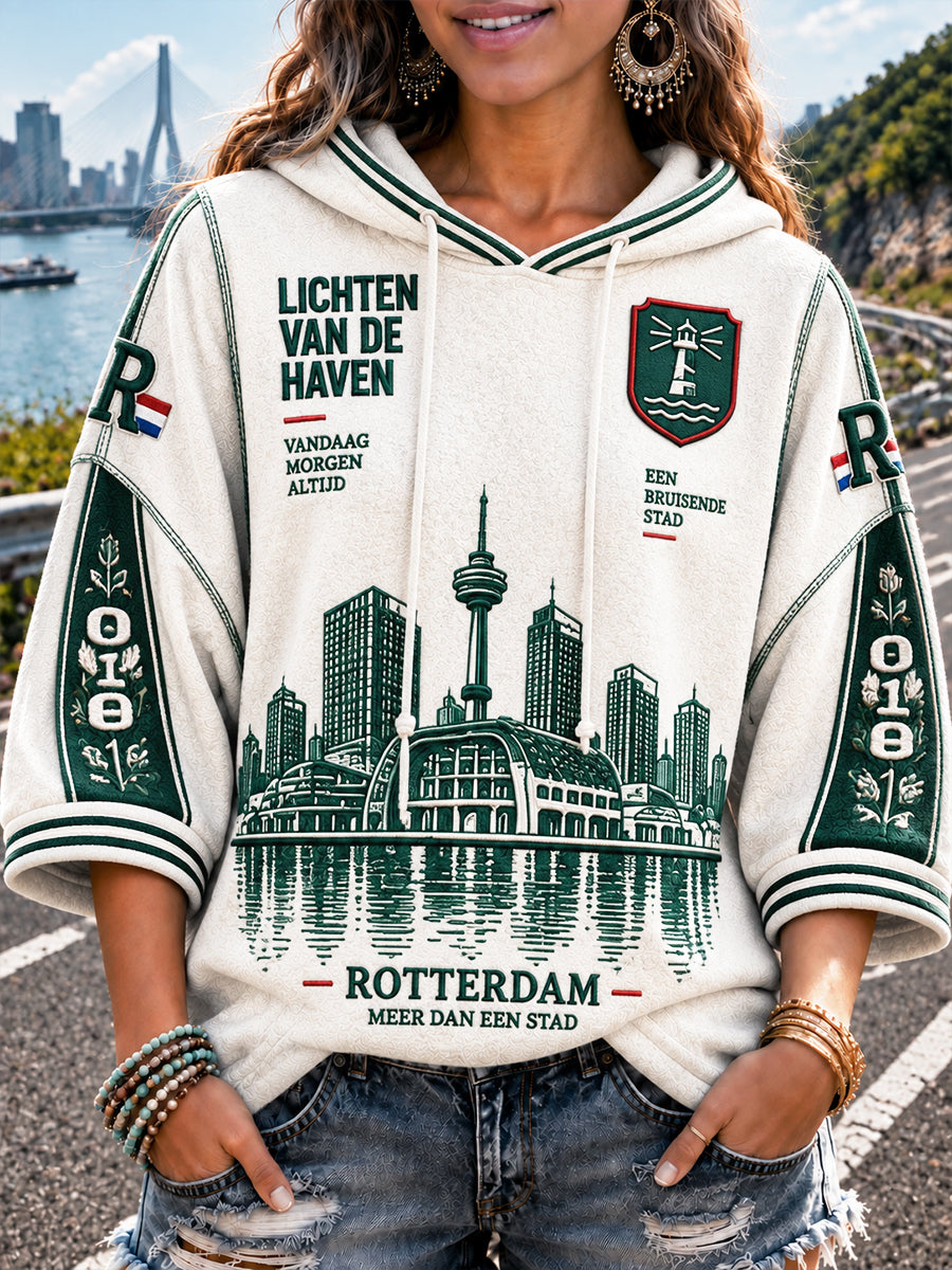 Dames Wit Rotterdam-Gedrukte Patchwork Casual Sweatshirt met capuchon
