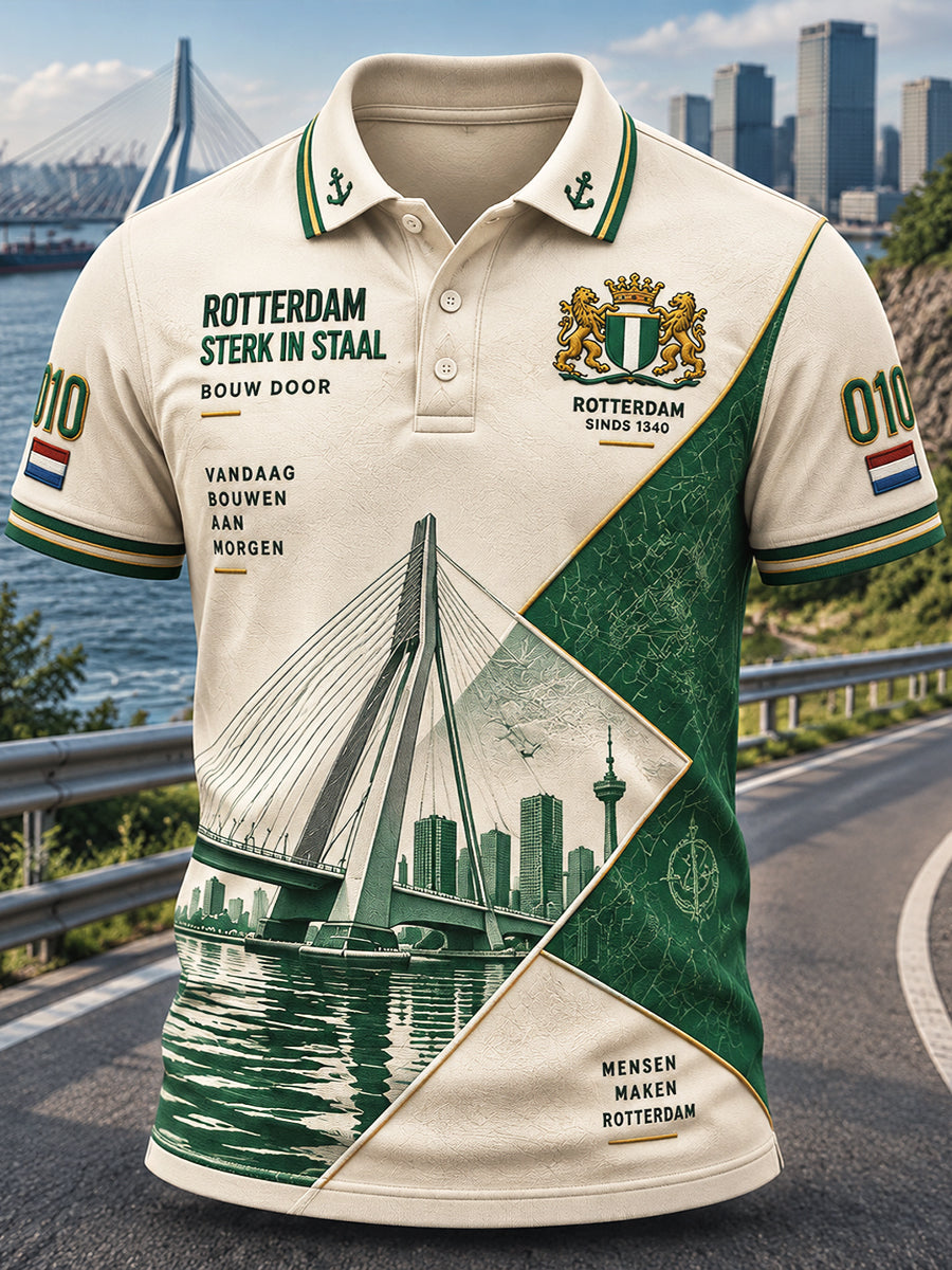 Gebroken wit Nederlands Rotterdams architectonisch patchwork-opdruk casual poloshirt voor heren