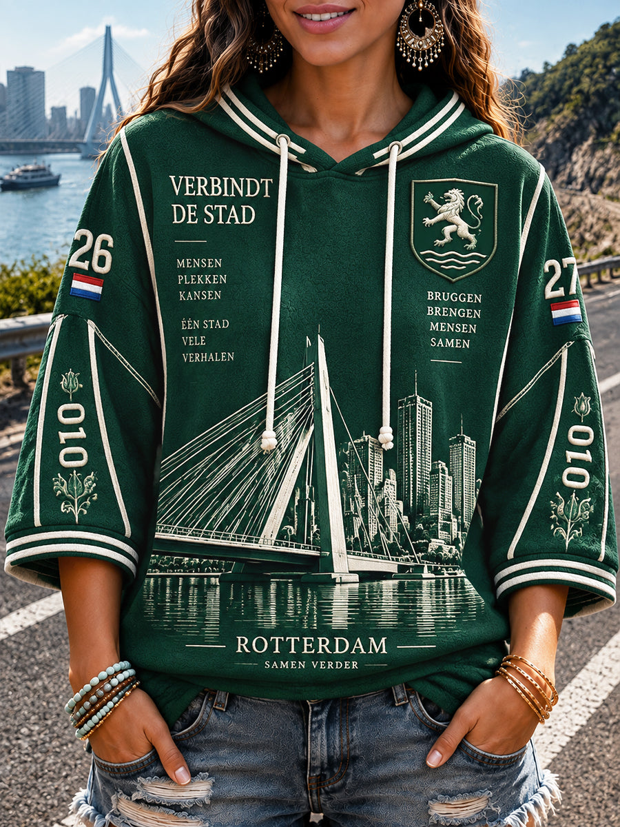 Dames Groen Rotterdam Architectuurprint Casual Sweatshirt met capuchon