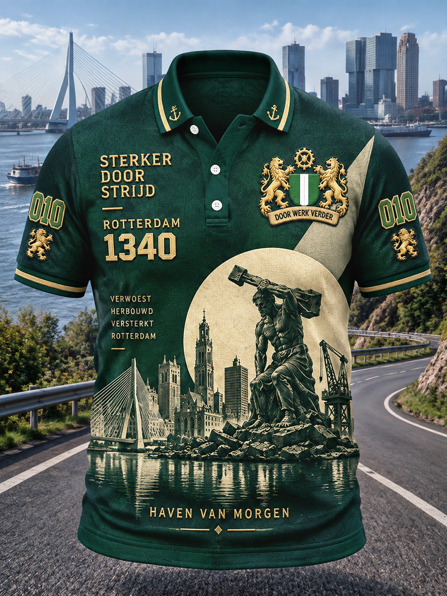 Groen Holland Rotterdam Architecturaal Patchwork Print Casual Poloshirt