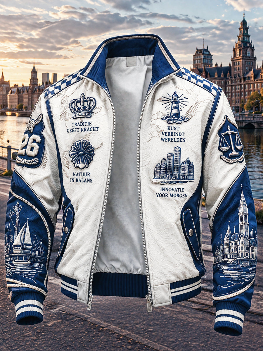 Heren witte Nederlandse Haagse patchwork print casual zip-up jas