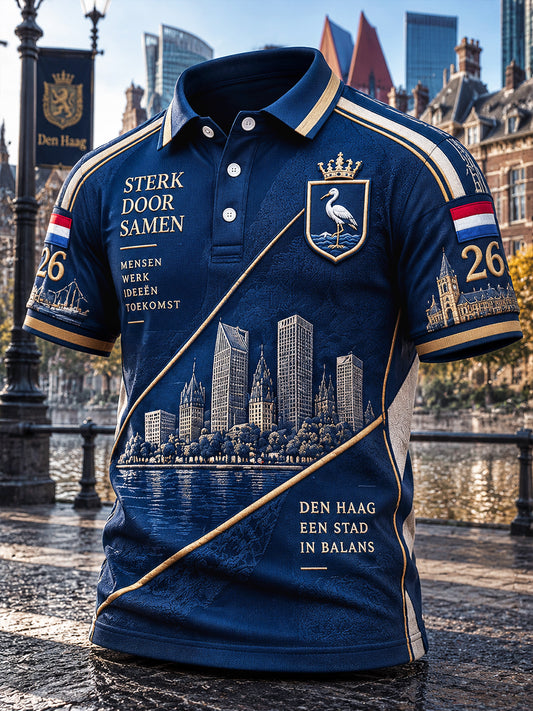 Nederlandse Haagse Stad Architectuur Patchwork Print Casual Poloshirt