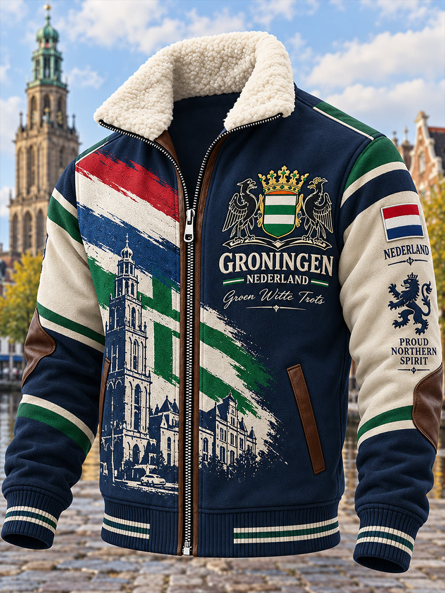 Herenjack met stadsthema grafische print met ritssluiting en mock-hals