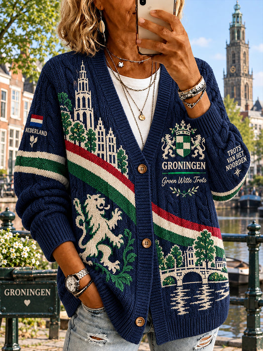 Grafisch gebreide vest met stadsthema voor dames