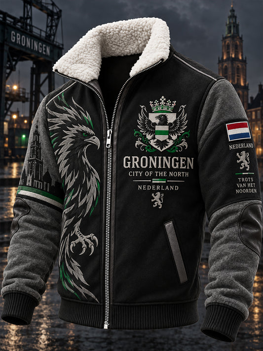 Grafisch geprinte ritsjas met mock-hals voor heren, in stijl van de stad