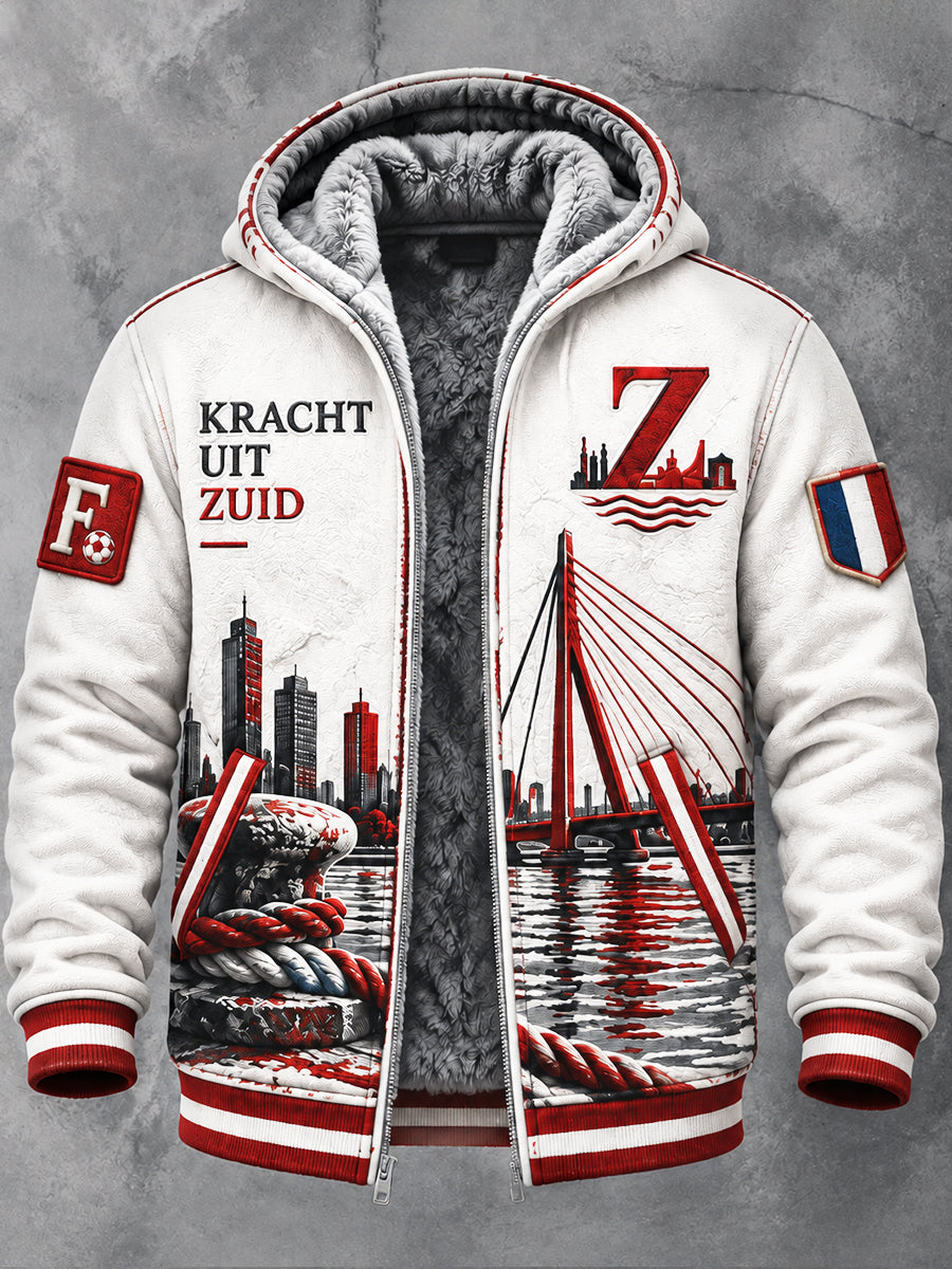 Witte, gevoerde casual hooded jas voor heren van Feyenoord met Eredivisie-voetbalprint