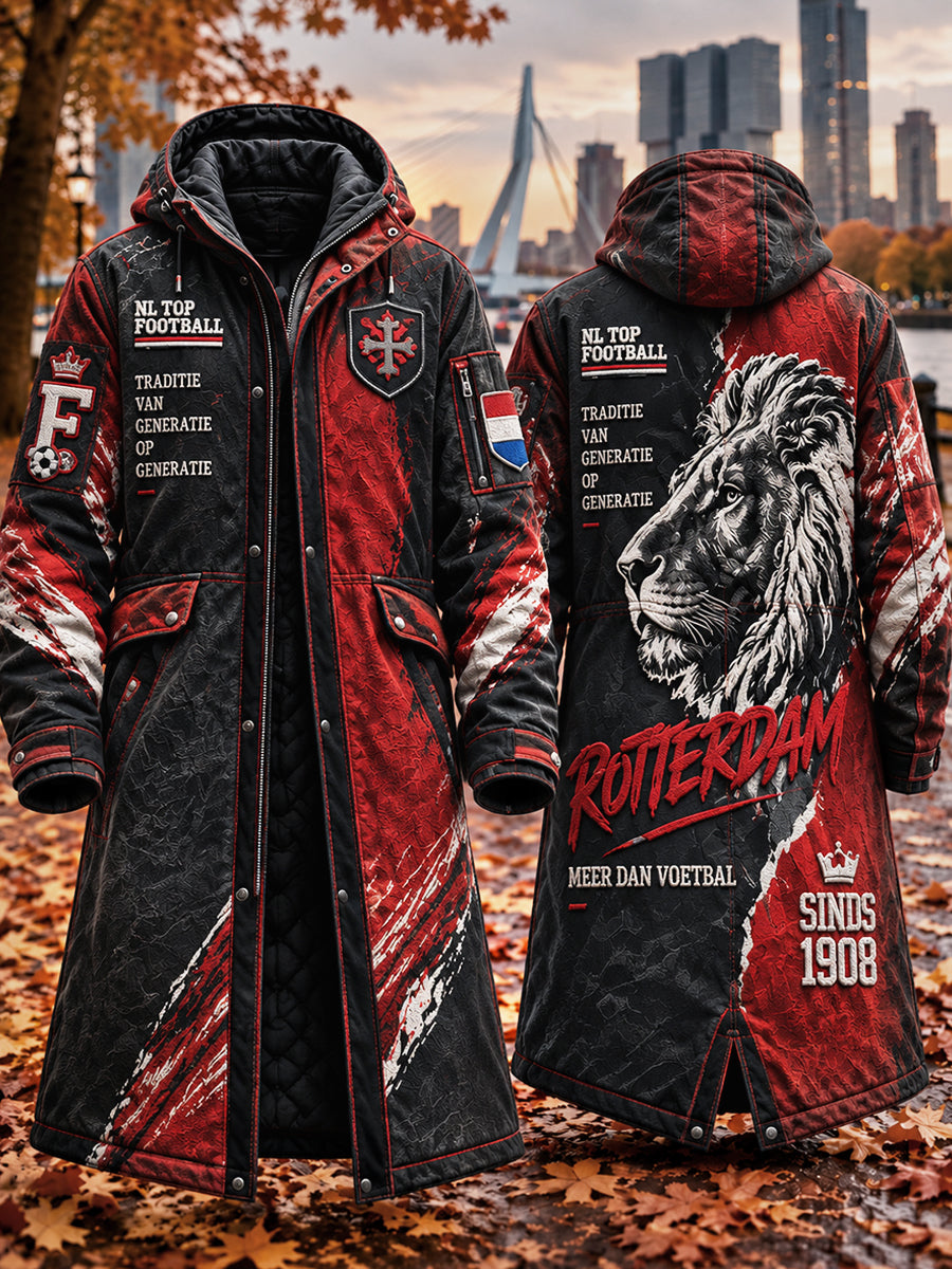 Zwarte, lange, vrijetijdse hooded jas voor heren met Feyenoord Eredivisie-voetbalprint
