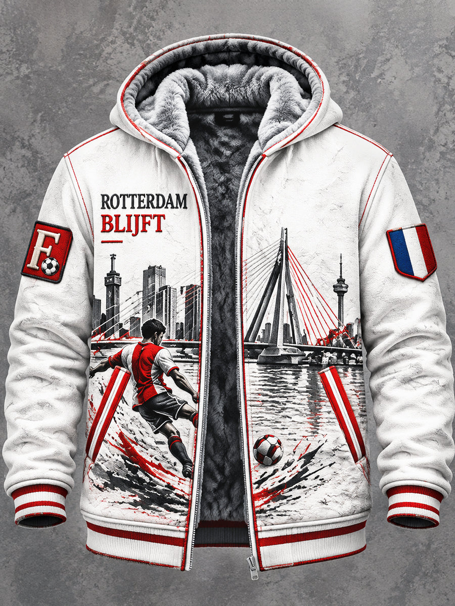 Witte voetbaljack voor heren van Feyenoord Rotterdam, Eredivisie, geprint, met fleecevoering en capuchon
