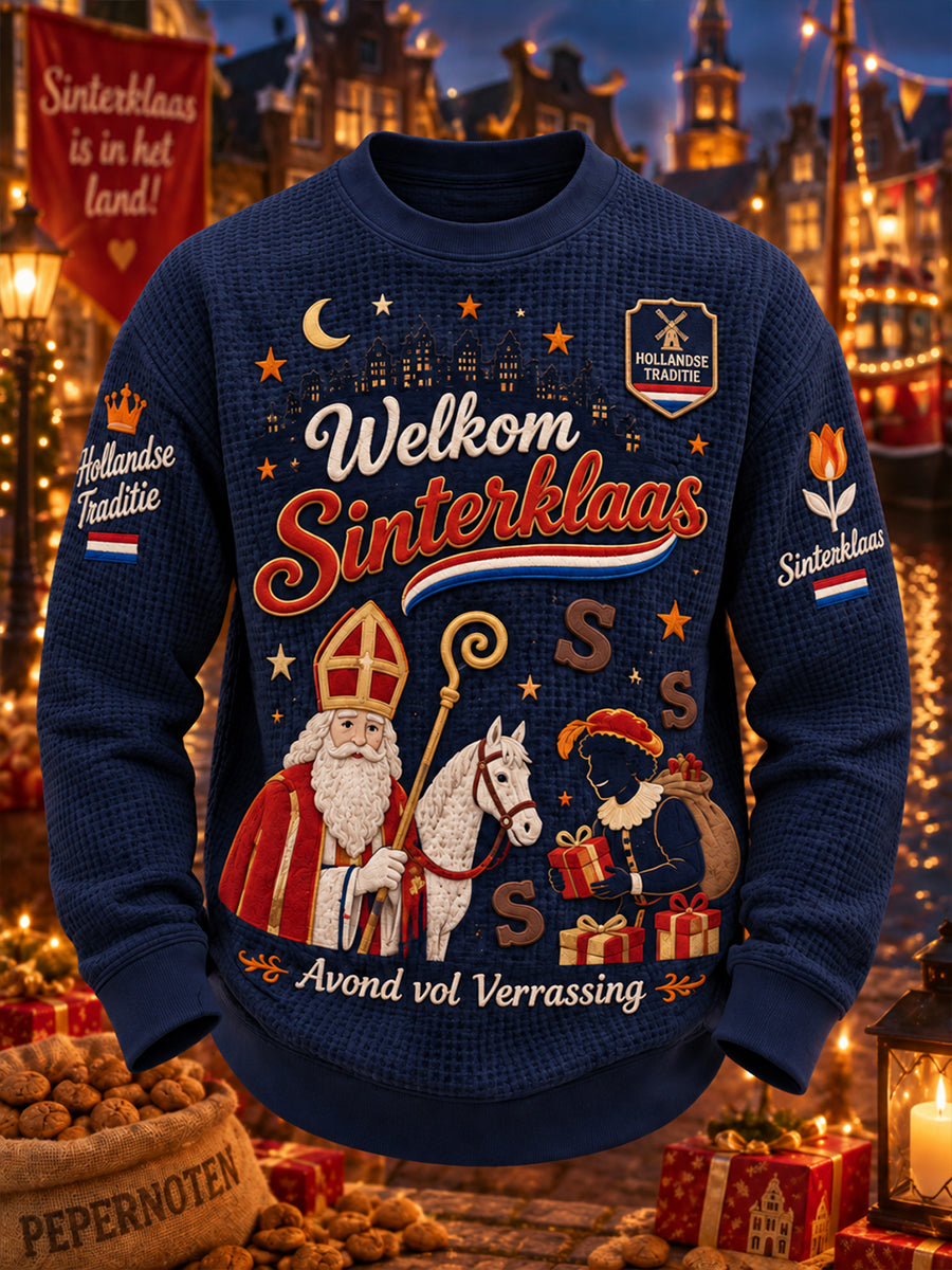 Heren St. Nicholas Day Grafische Print Waffle-gebreide top met lange mouwen