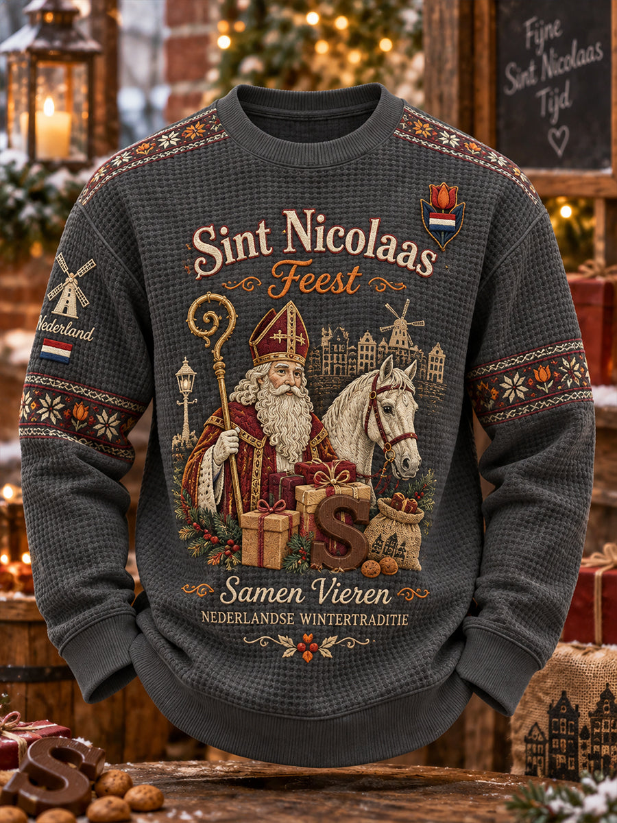 Herentop met grafische print en wafelstructuur, lange mouwen, voor Sinterklaas