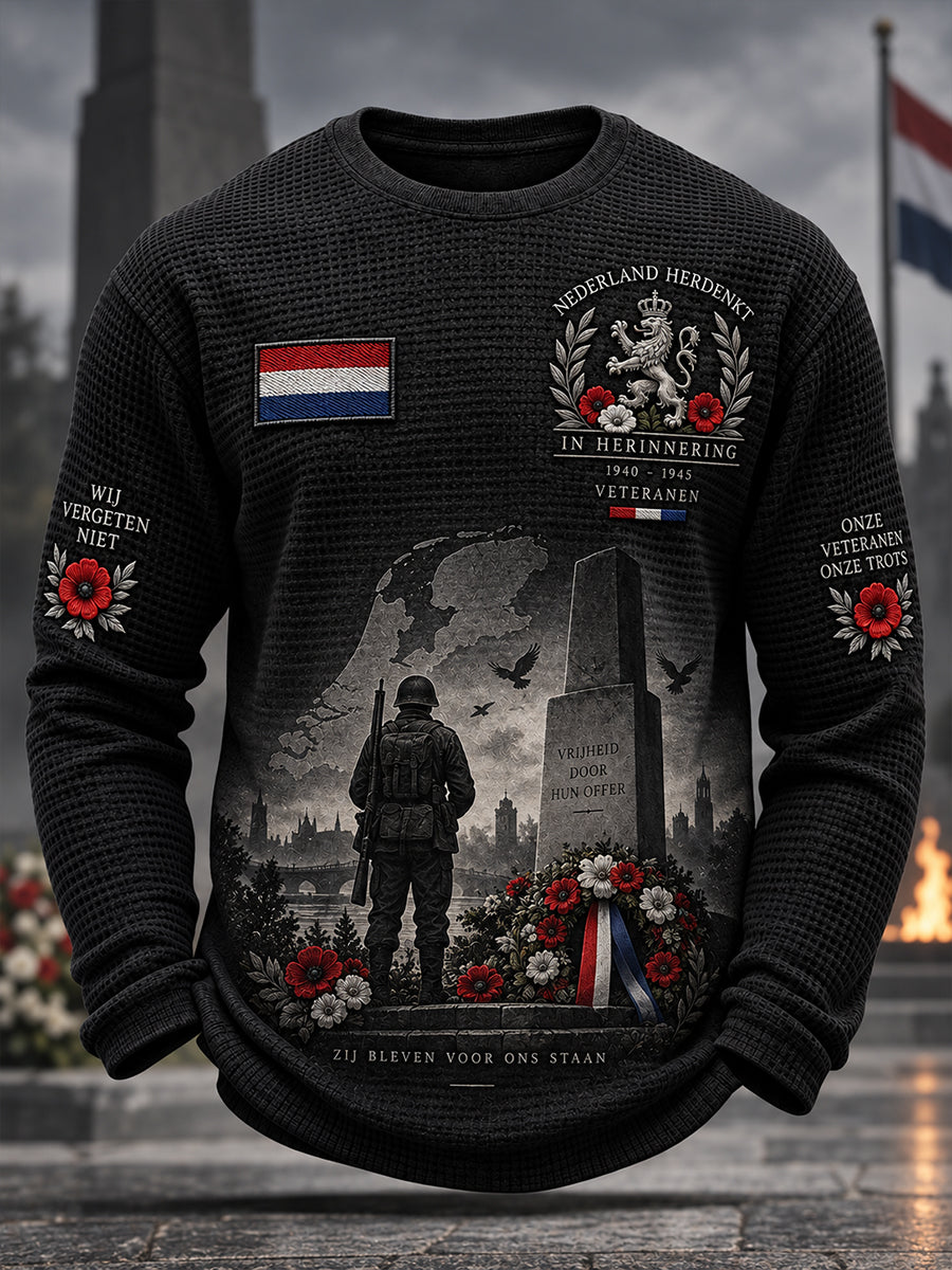 Herenherdenkingsdagprint wafelgebreide top met lange mouwen