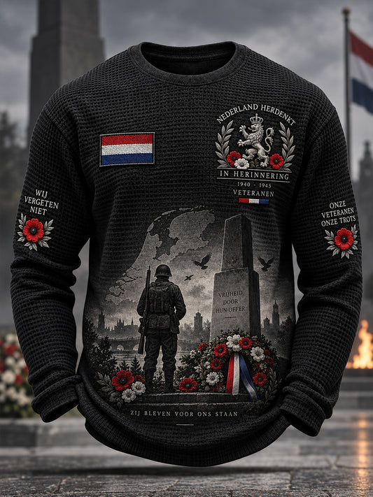 Herenherdenkingsdagprint wafelgebreide top met lange mouwen