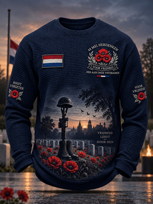 Herenherdenkingsdagprint wafelgebreide top met lange mouwen