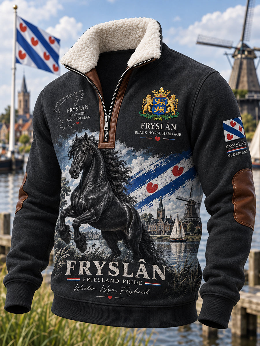 Herenhoodie met hoge hals en lange mouwen, voorzien van een stedelijk herdenkingsmotief