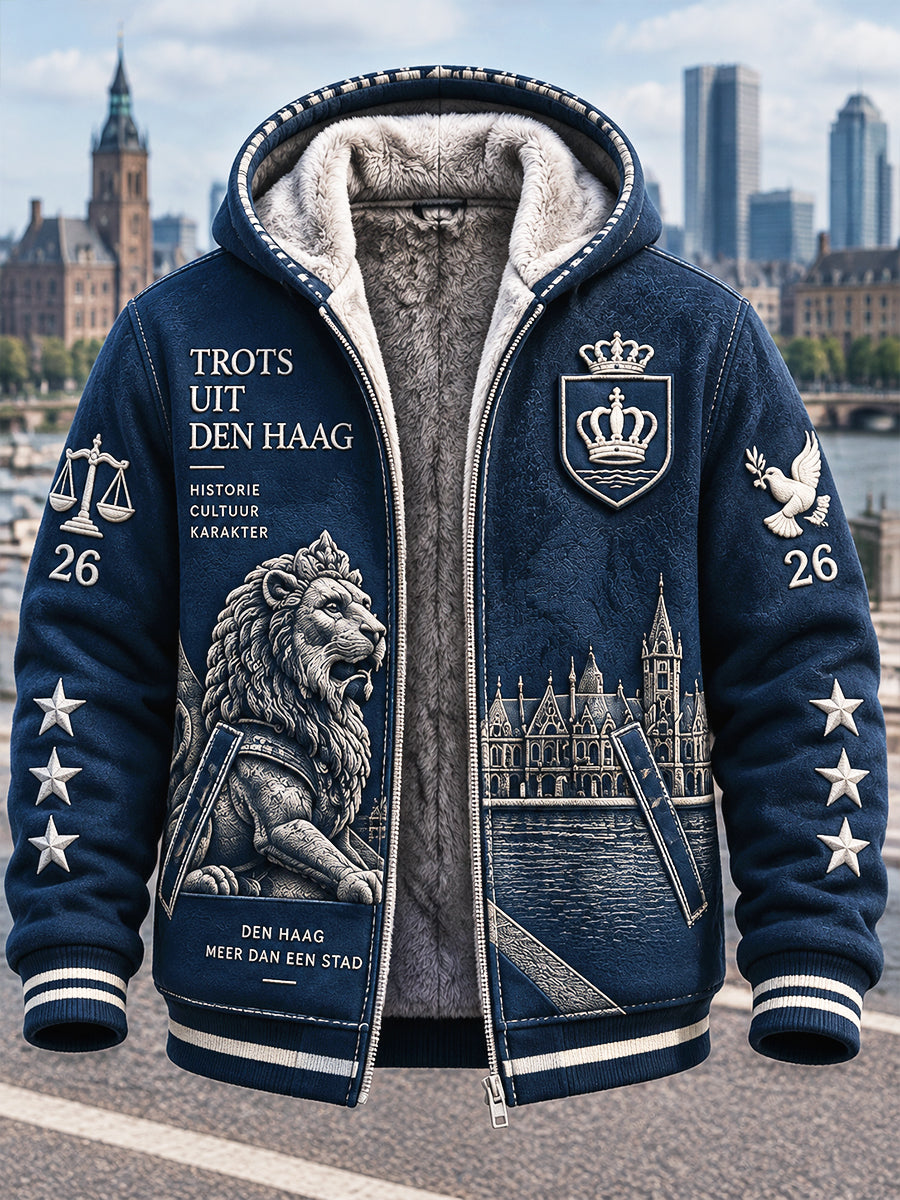 Herenjas met leeuwenprint uit Den Haag, casual, gevoerd met fleece en voorzien van een capuchon