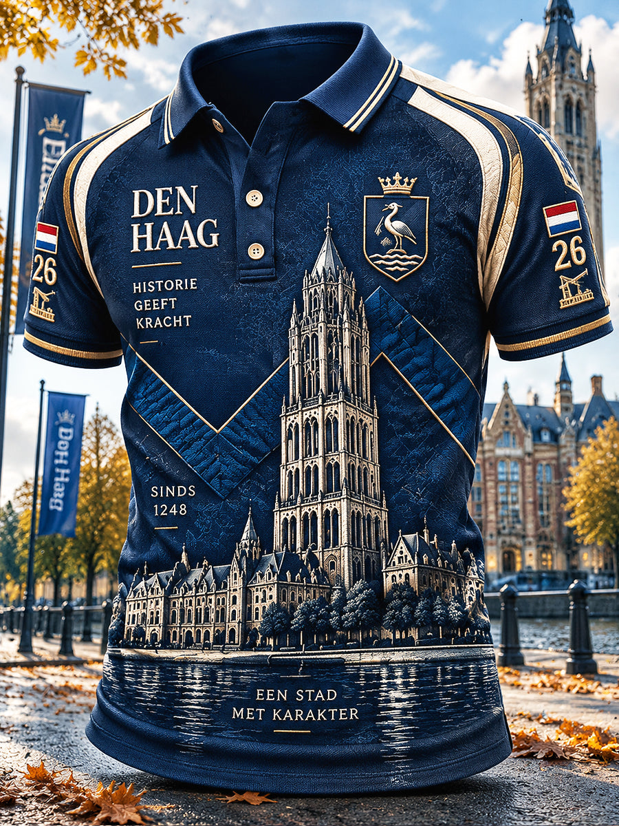 Blauw herenpoloshirt met stadsgezicht van Den Haag in Holland-stijl, casual model