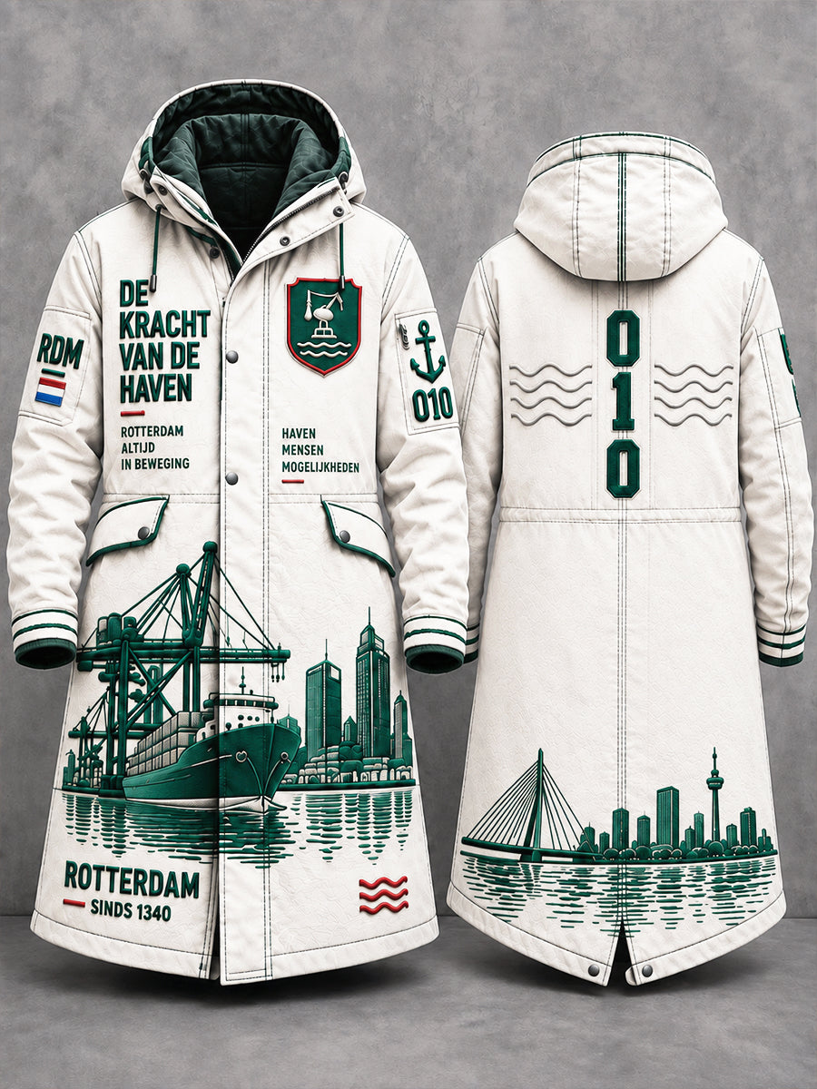 Herenjack met lange capuchon, casual, ecru met Rotterdam-stadprint