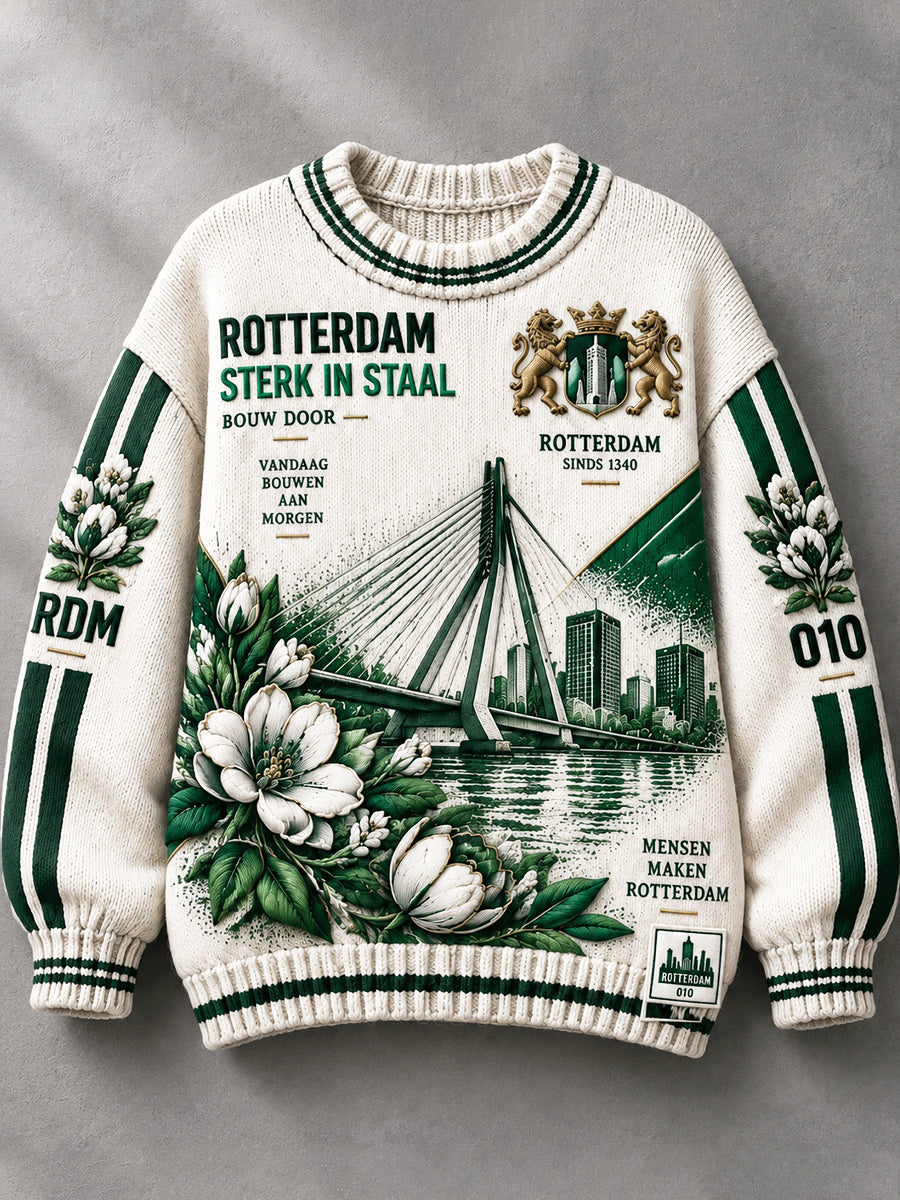Dameswitte Rotterdam-stadprint casual herfst-/wintertrui