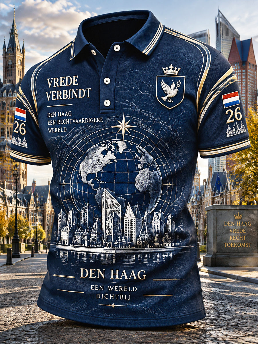 Casual poloshirt voor heren met Nederlandse stadsgezichtsprint van Den Haag