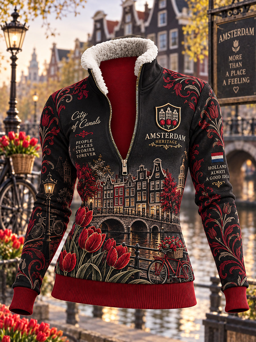 Dames-sweatshirt met hoge hals en lange mouwen, voorzien van een herdenkingsprint met stedelijke bloemen