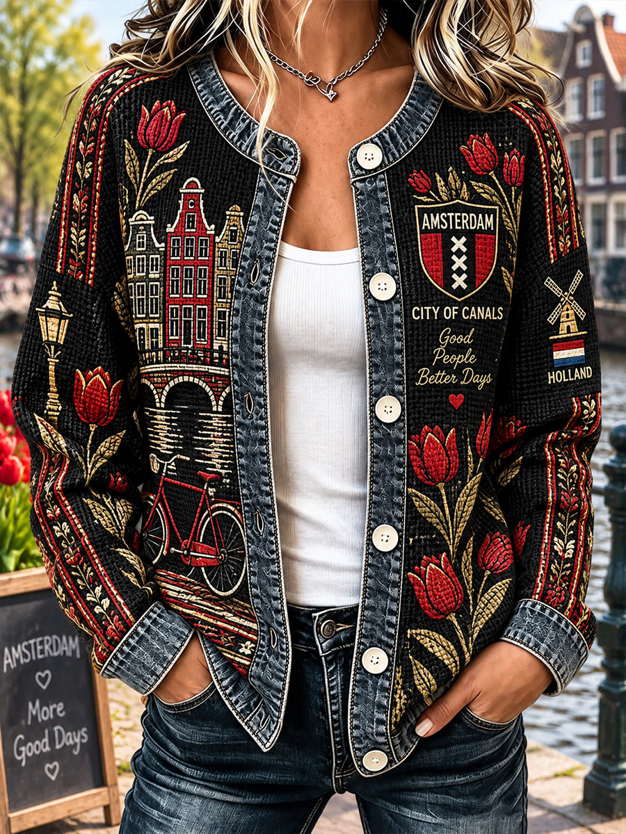 Damesjas met bloemenprint, gewafelde structuur en lange mouwen