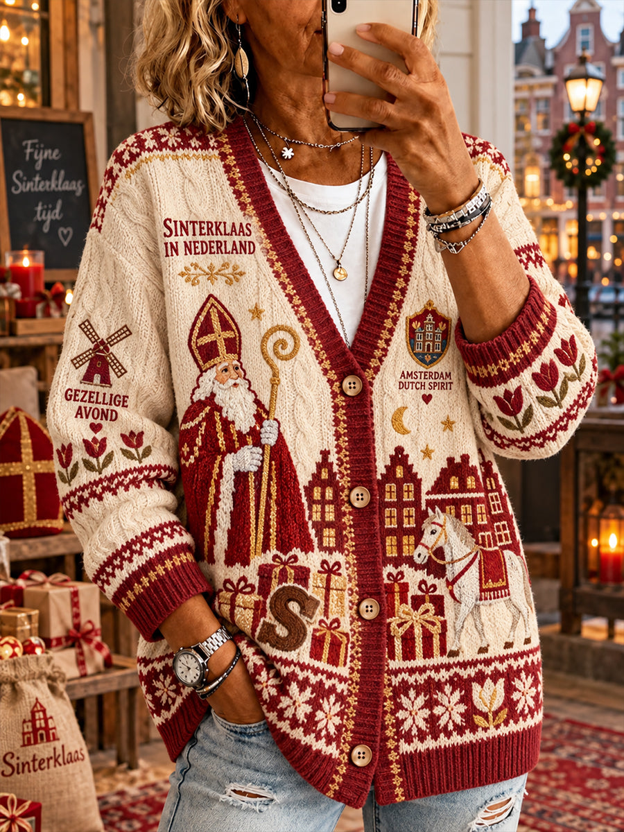 Gebreide vest voor dames met Sint-Nicolaasthema en print