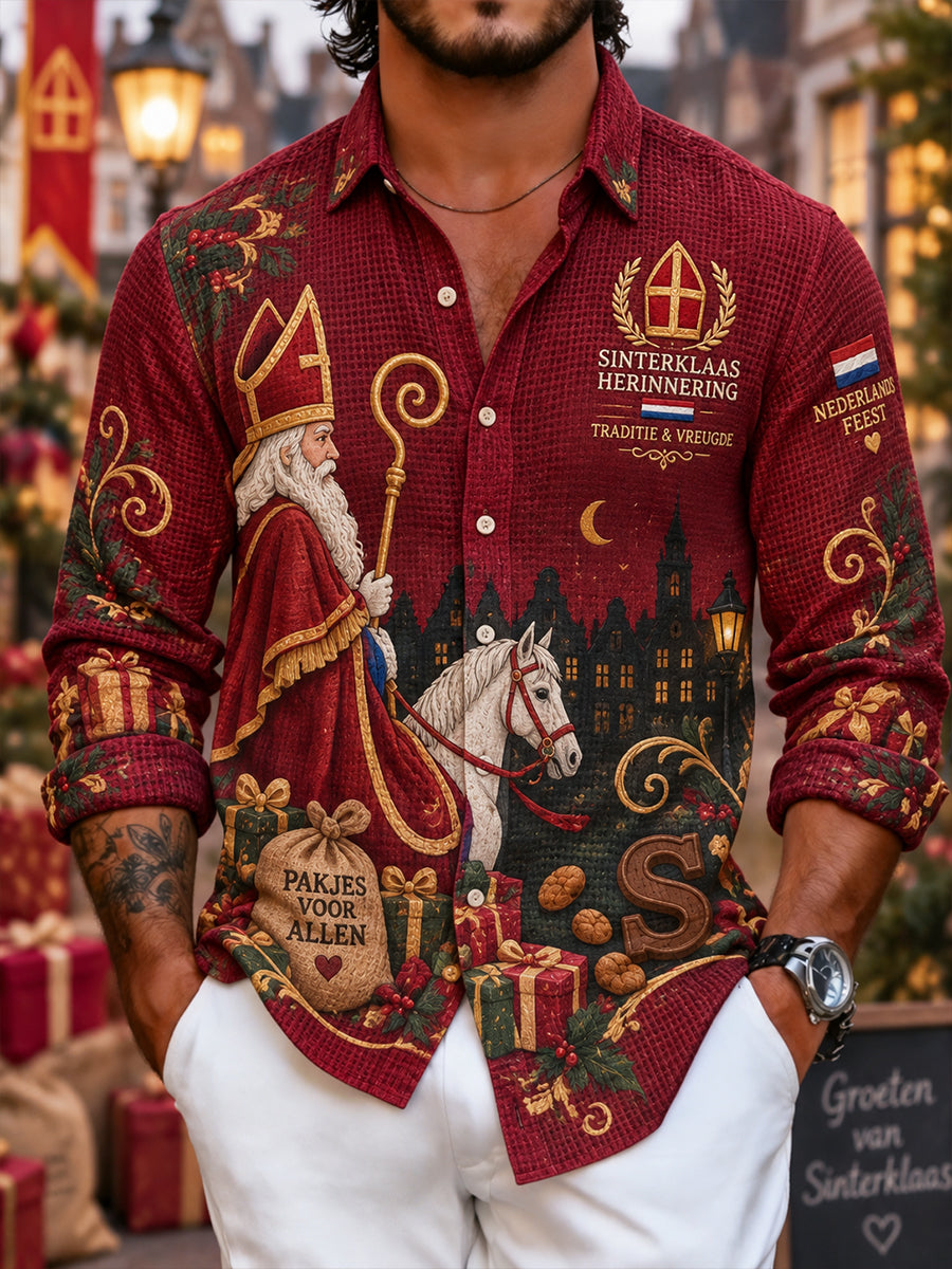 Herenshirt met grafische print voor Sint-Nicolaasdag, gewafeld gebreid, lange mouwen