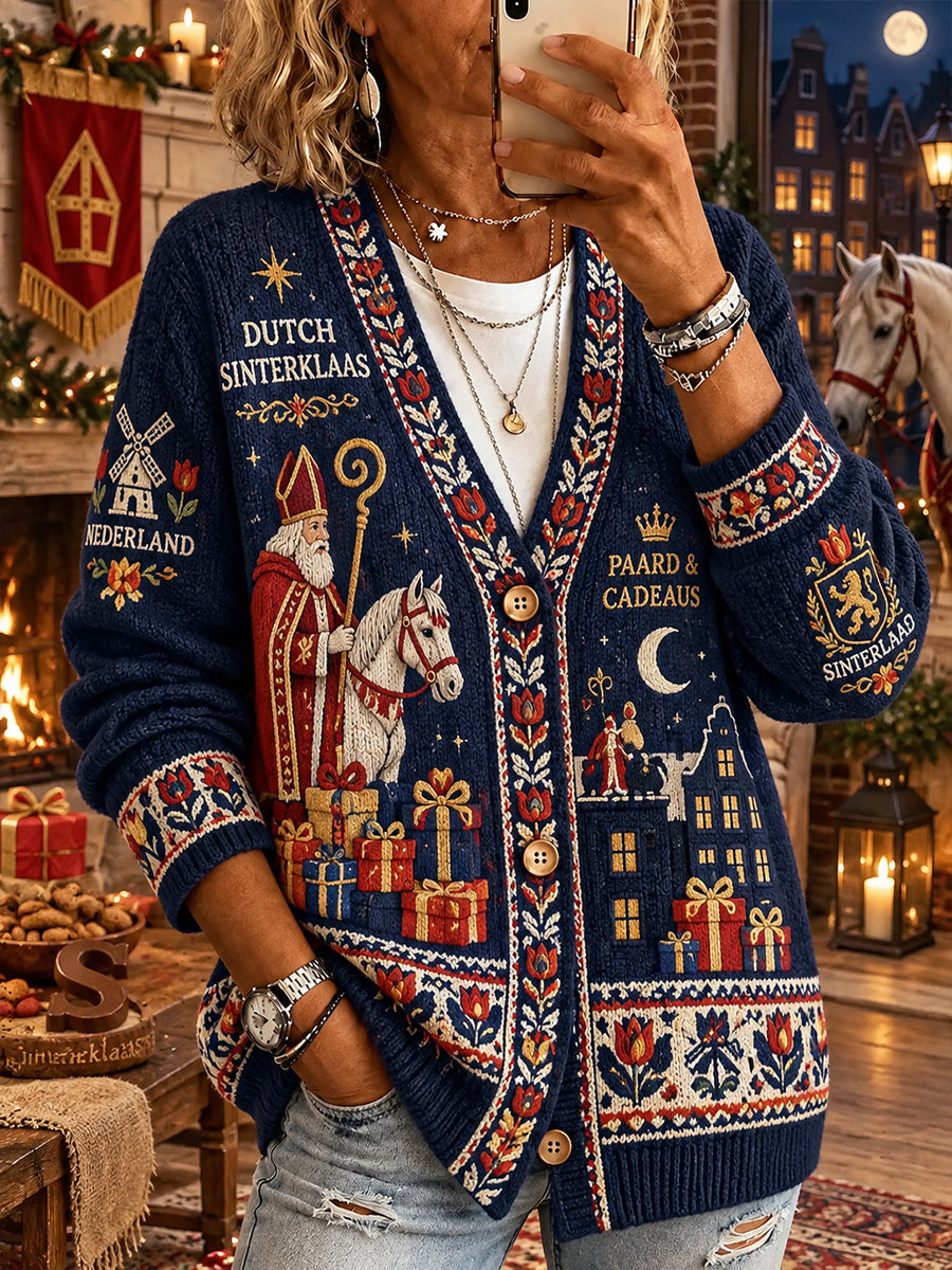 Gebreide vest voor dames met Sint-Nicolaasthema en print