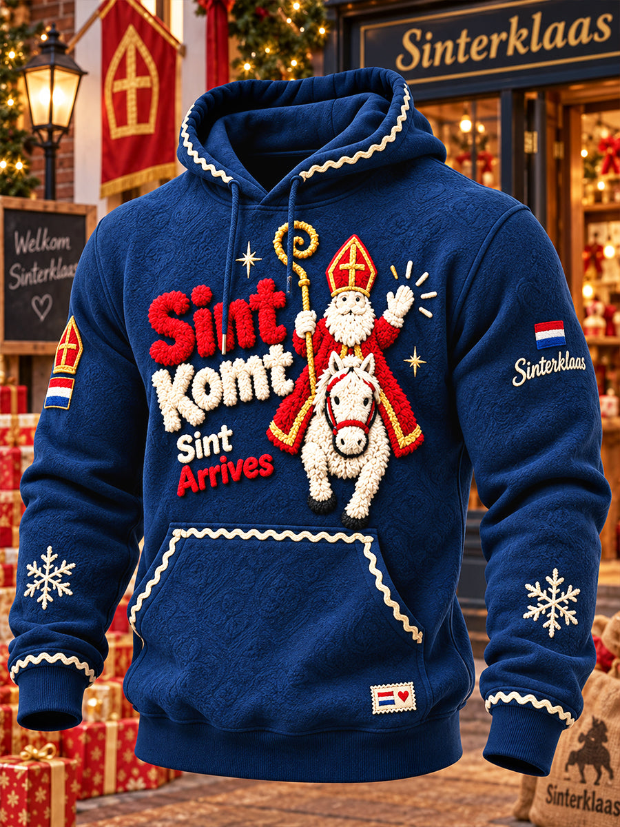 Donkerblauw casual sweatshirt met capuchon voor heren, 3D-geprint met Sinterklaas-thema