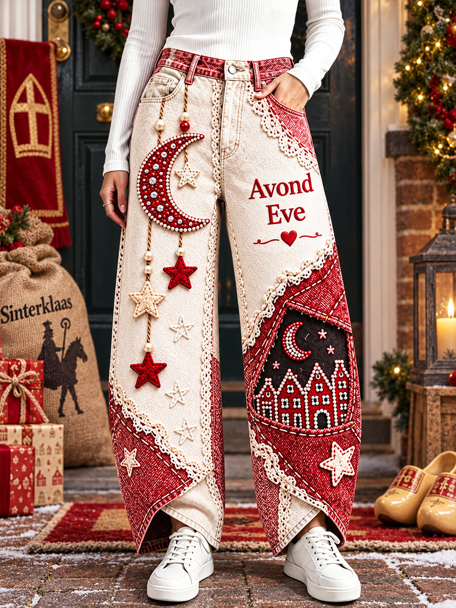 Damesbroek met kanten inzetstukken en print, casual, voor Sinterklaas in Nederland