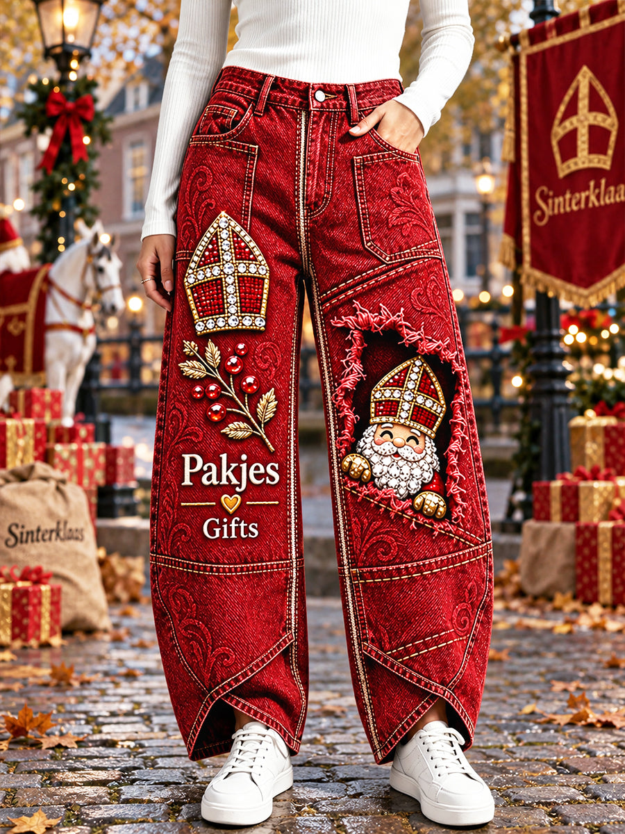 Rode, vrijetijdse damesbroek met Nederlandse Sinterklaasprint