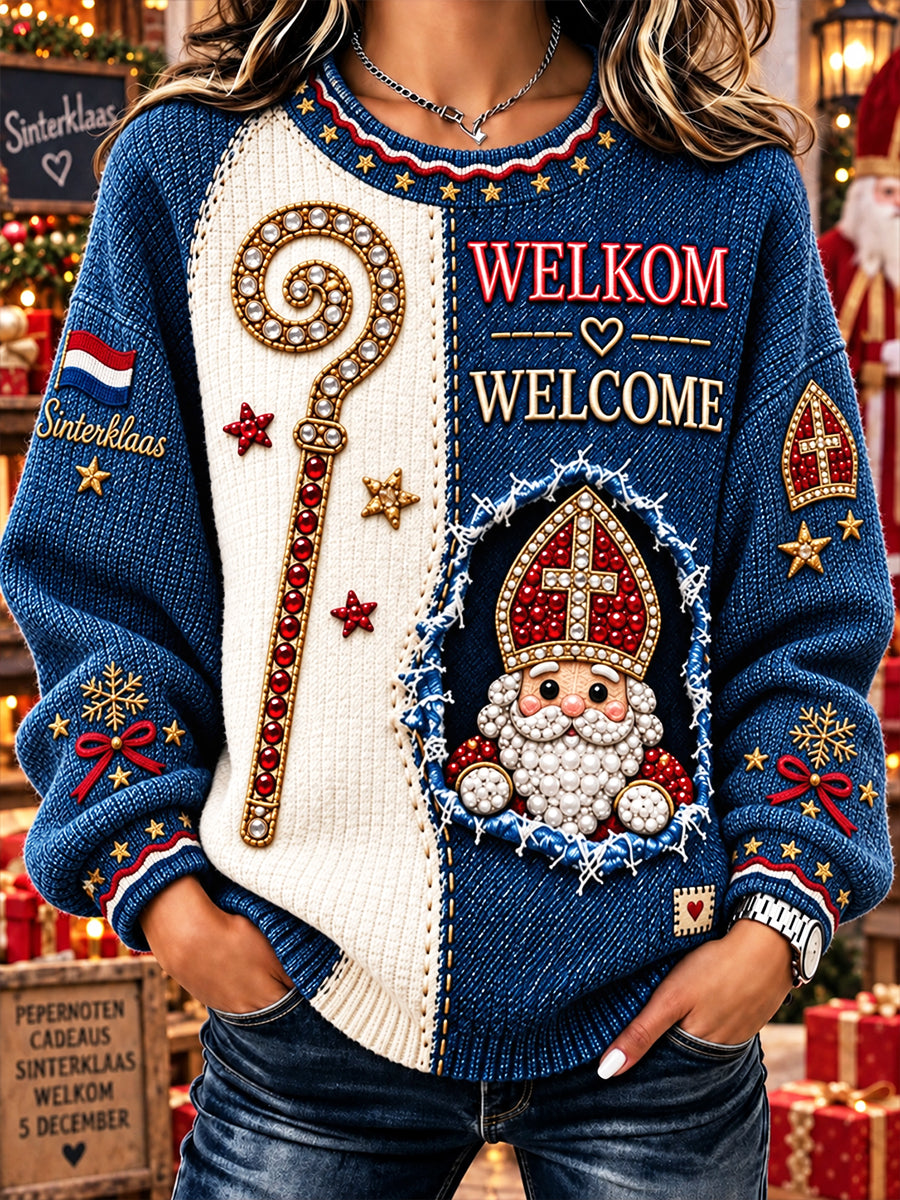 Damessweatshirt met patchworkprint voor de Sint-Nicolaasdag in Nederland, casual stijl