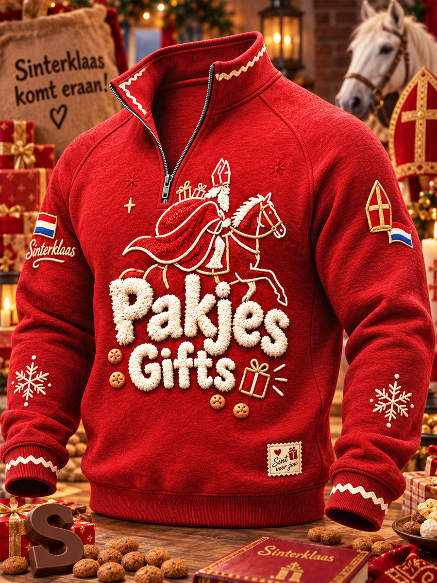 Casual rode hoodie met rits en print voor heren, geïnspireerd op Sinterklaas