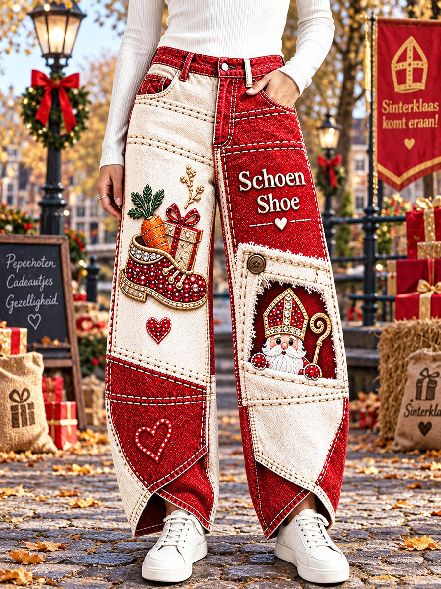 Damesbroek met patchworkprint voor de Sint-Nicolaasdag in Nederland, casual stijl