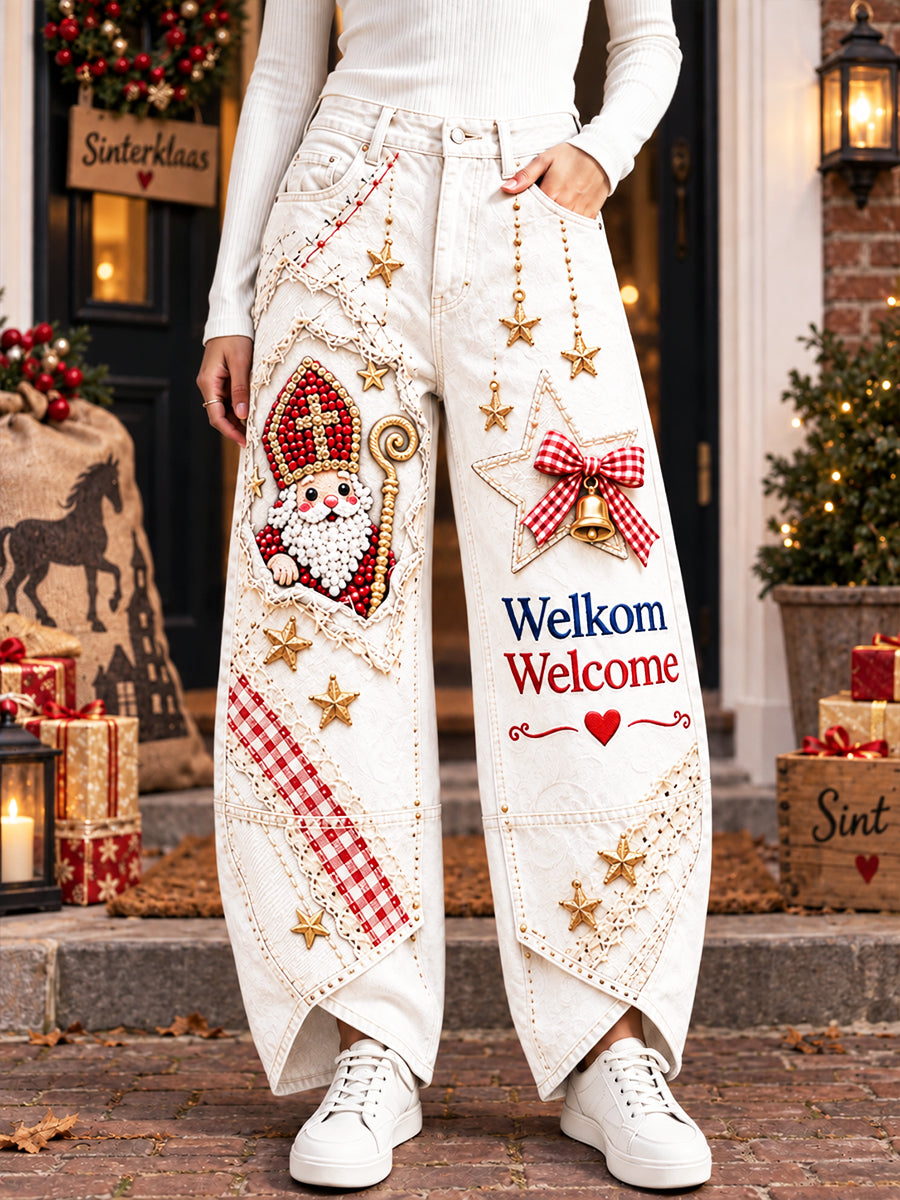 Damesbroek in wit met Nederlandse Sinterklaasprint, casual stijl
