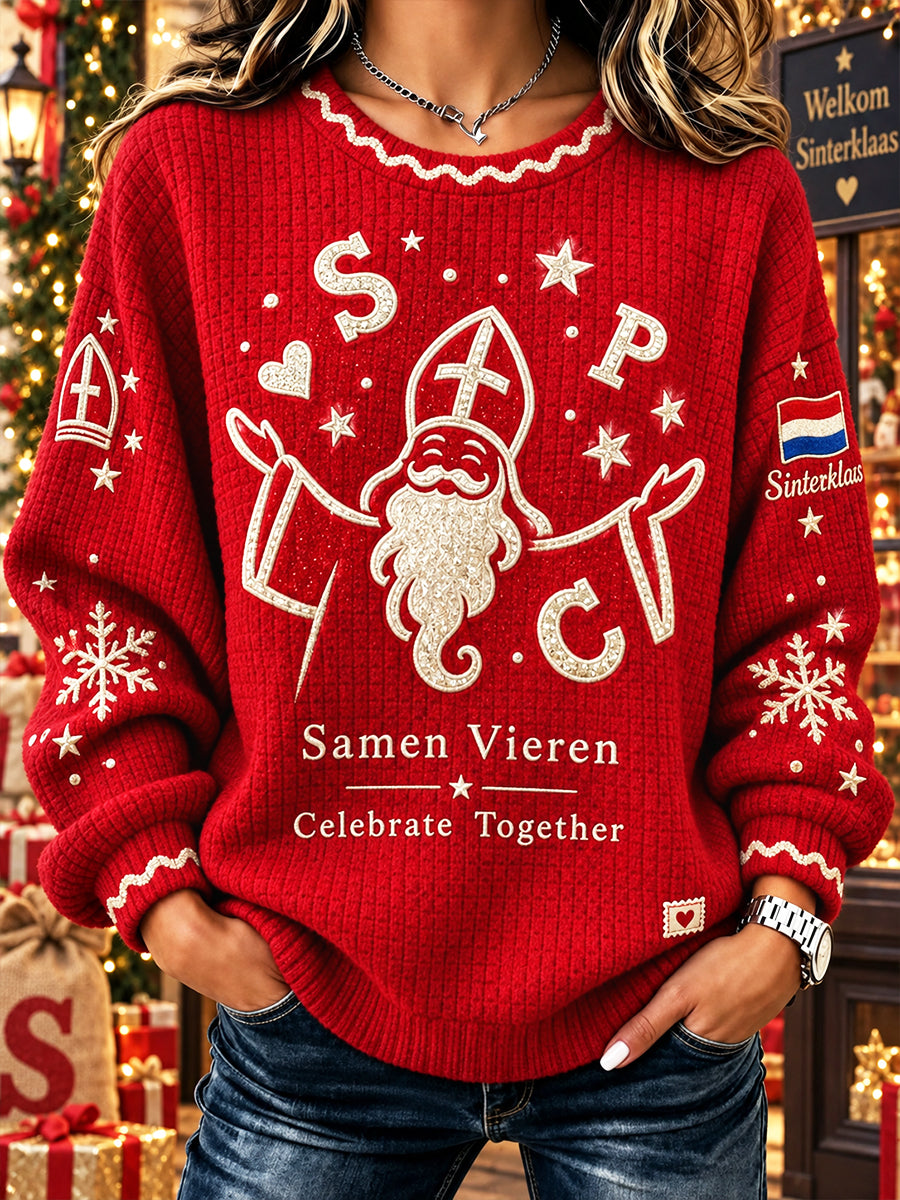 Rood, informeel sweatshirt voor dames met Nederlandse Sinterklaasprint