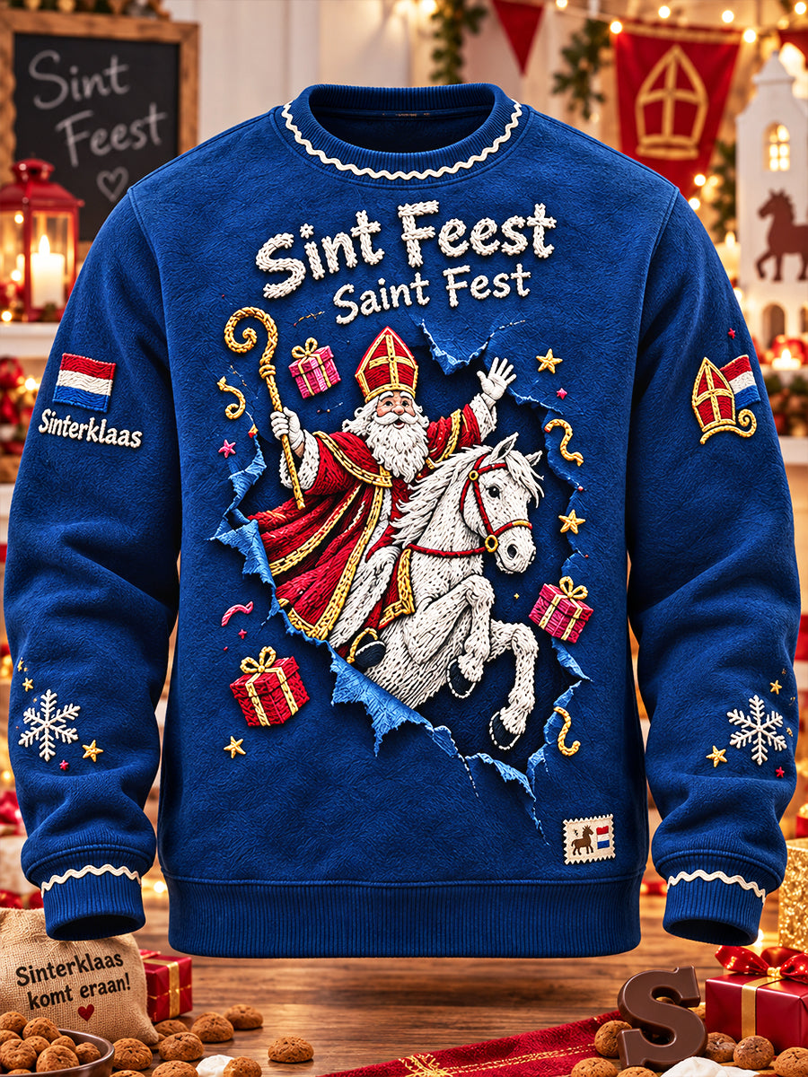 Donkerblauw casual sweatshirt voor heren met 3D-print van Sinterklaas