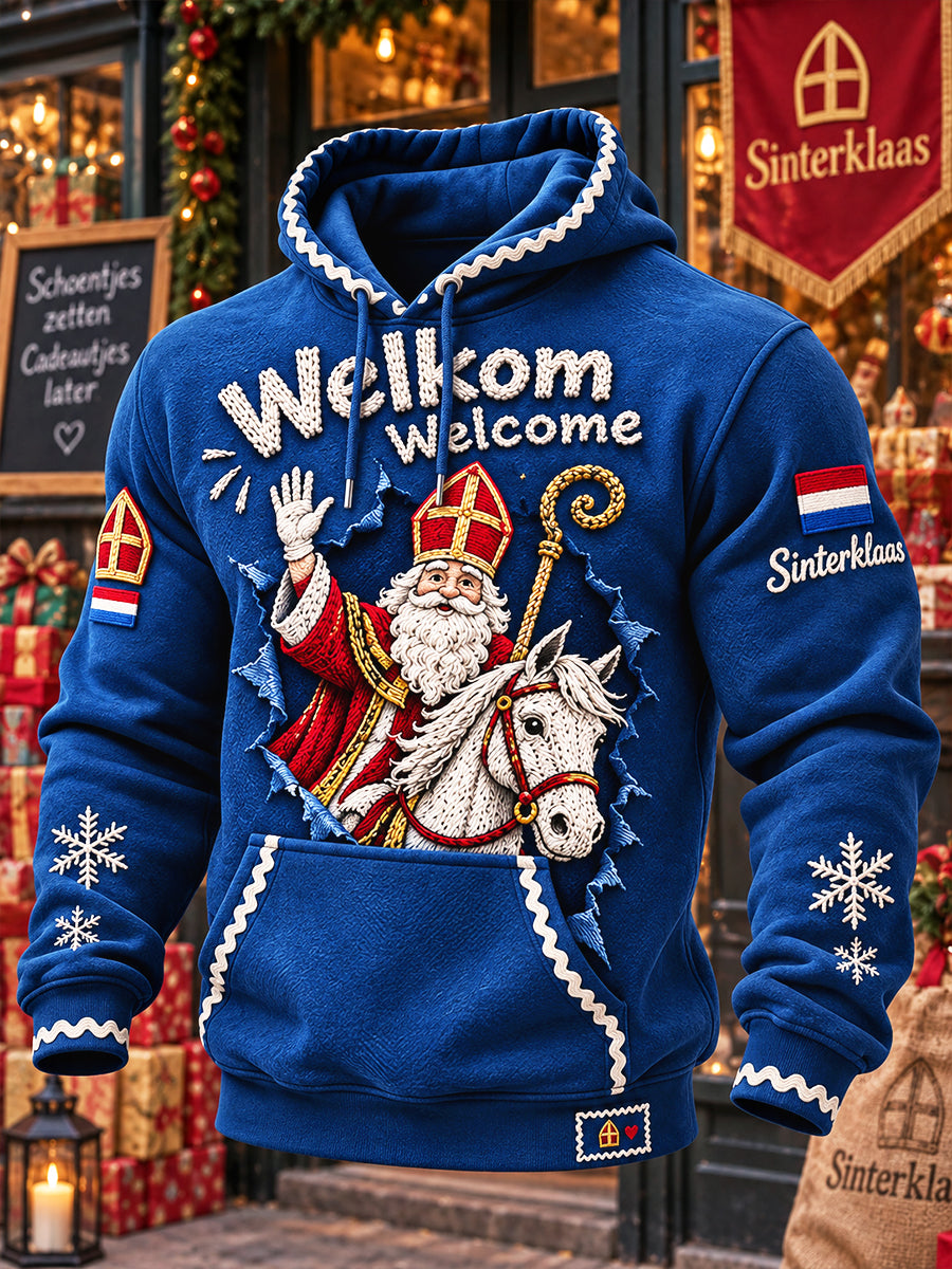 Blauw casual sweatshirt met capuchon en 3D-print voor mannen, geïnspireerd op Sinterklaas