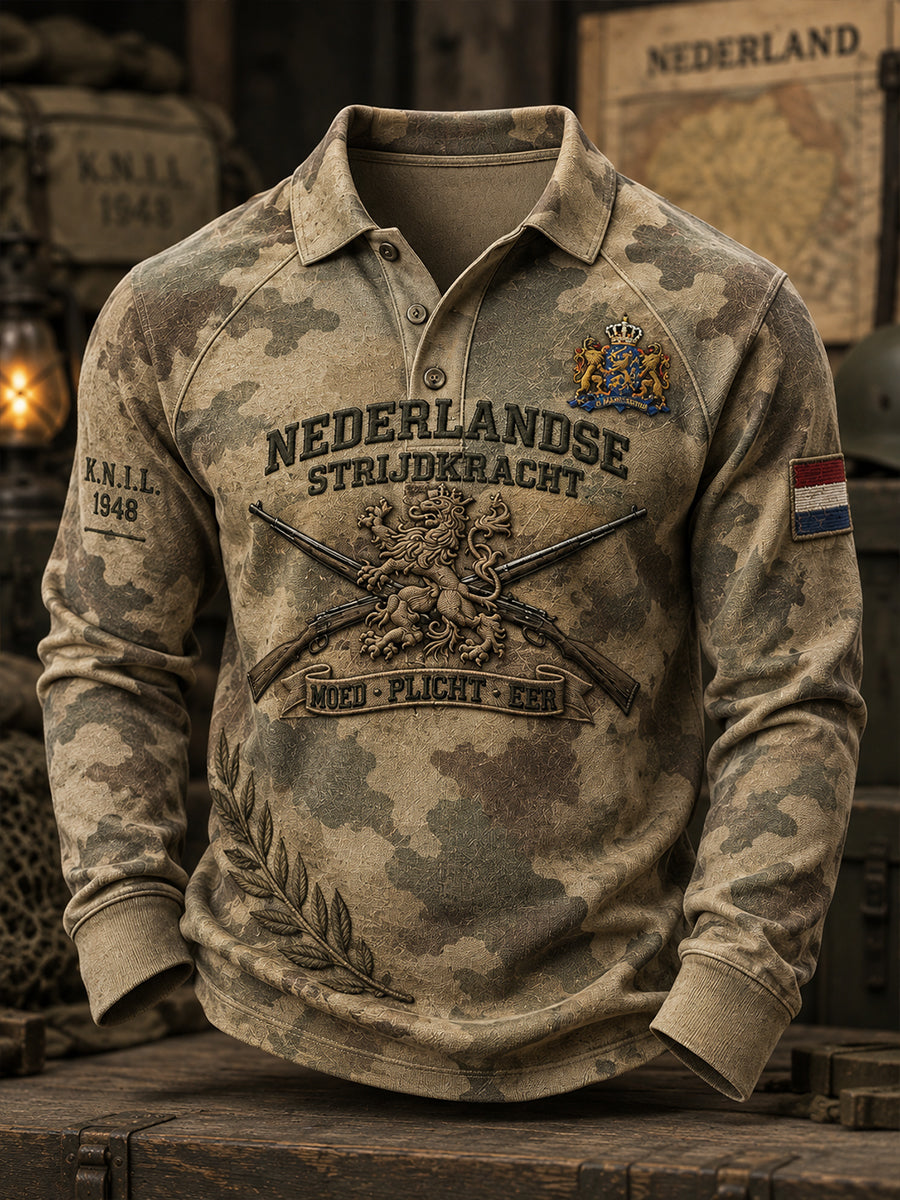 Veteran Memorial Raglan poloshirt met grafische print en lange mouwen voor heren