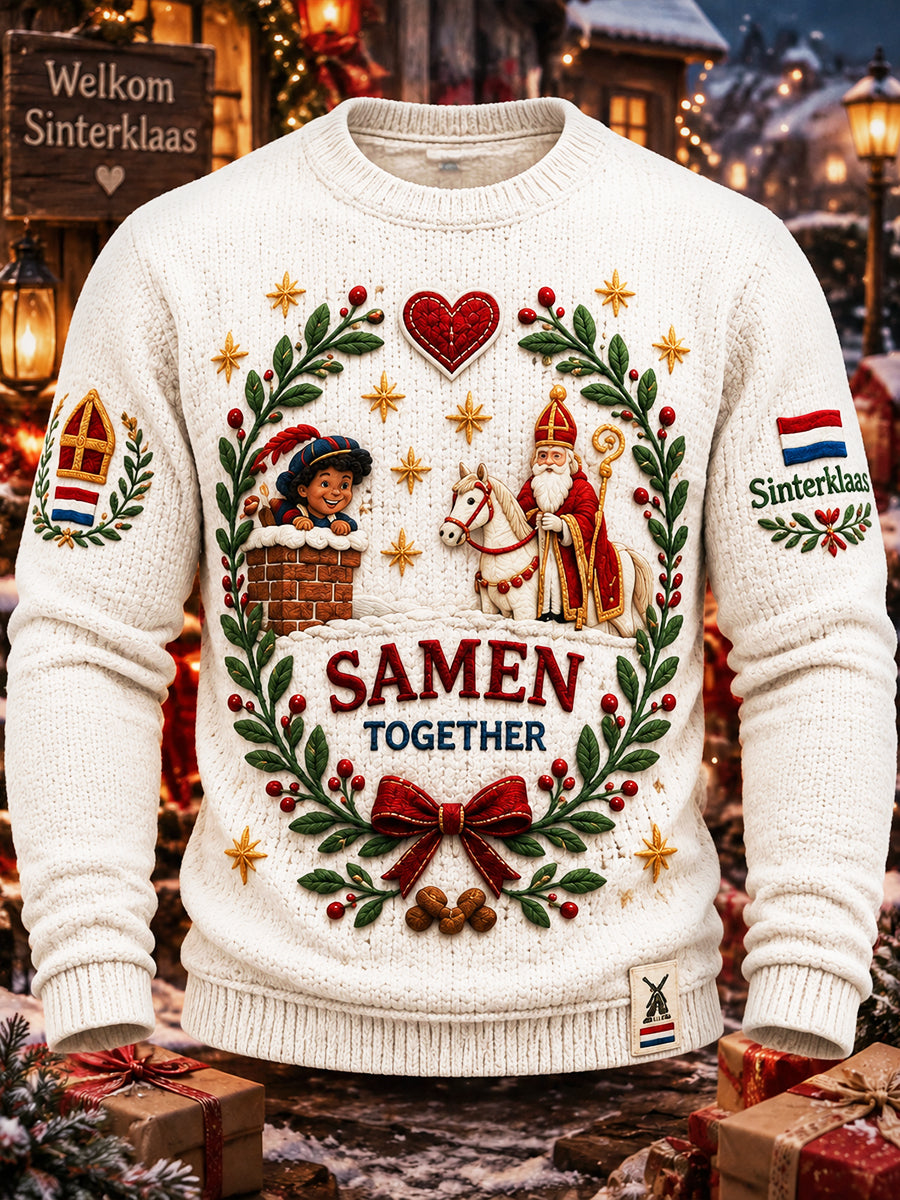 Beige Nederlandse Sint-Nicolaas voor heren 'Black Peter'-print casual top met lange mouwen