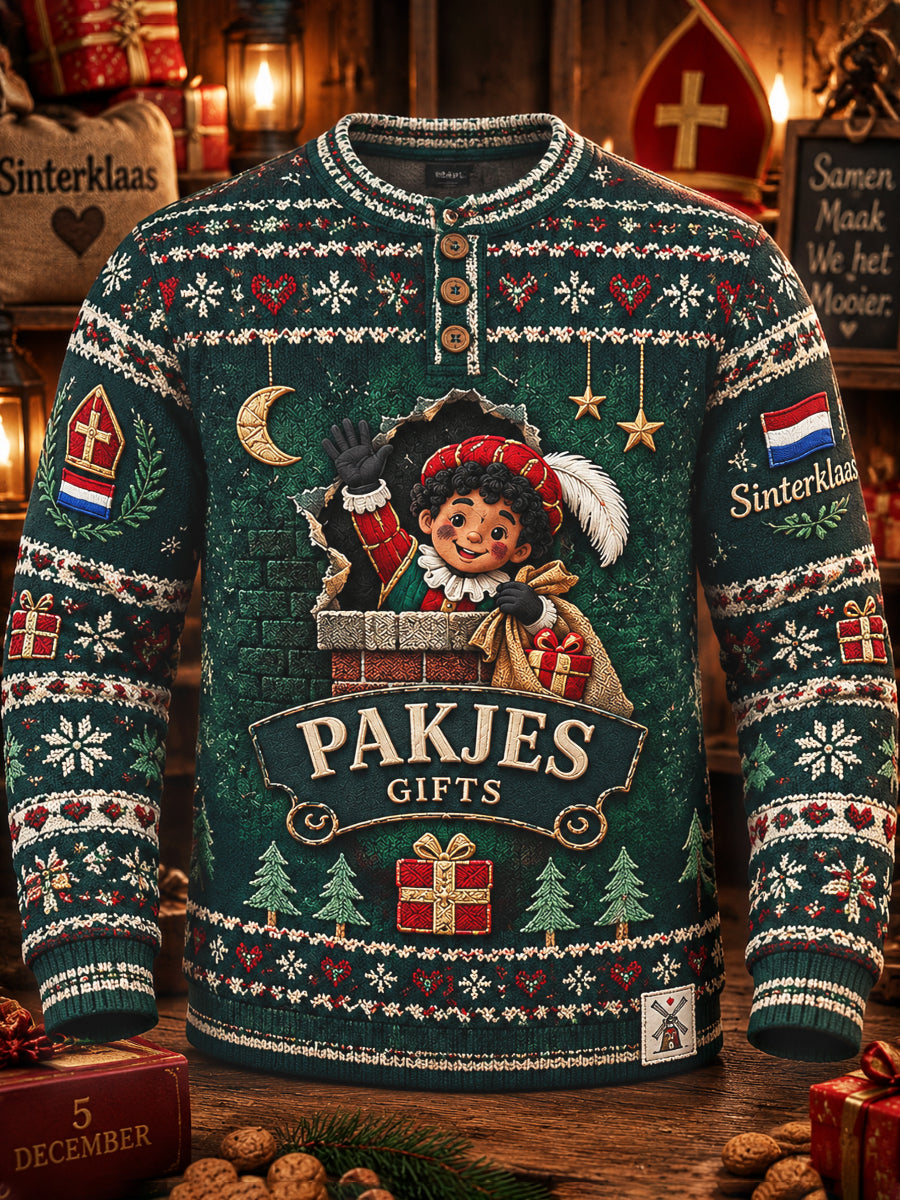 Hollandse sinterklaasdag met zwarte pieten en print casual sweatshirt met henley-hals