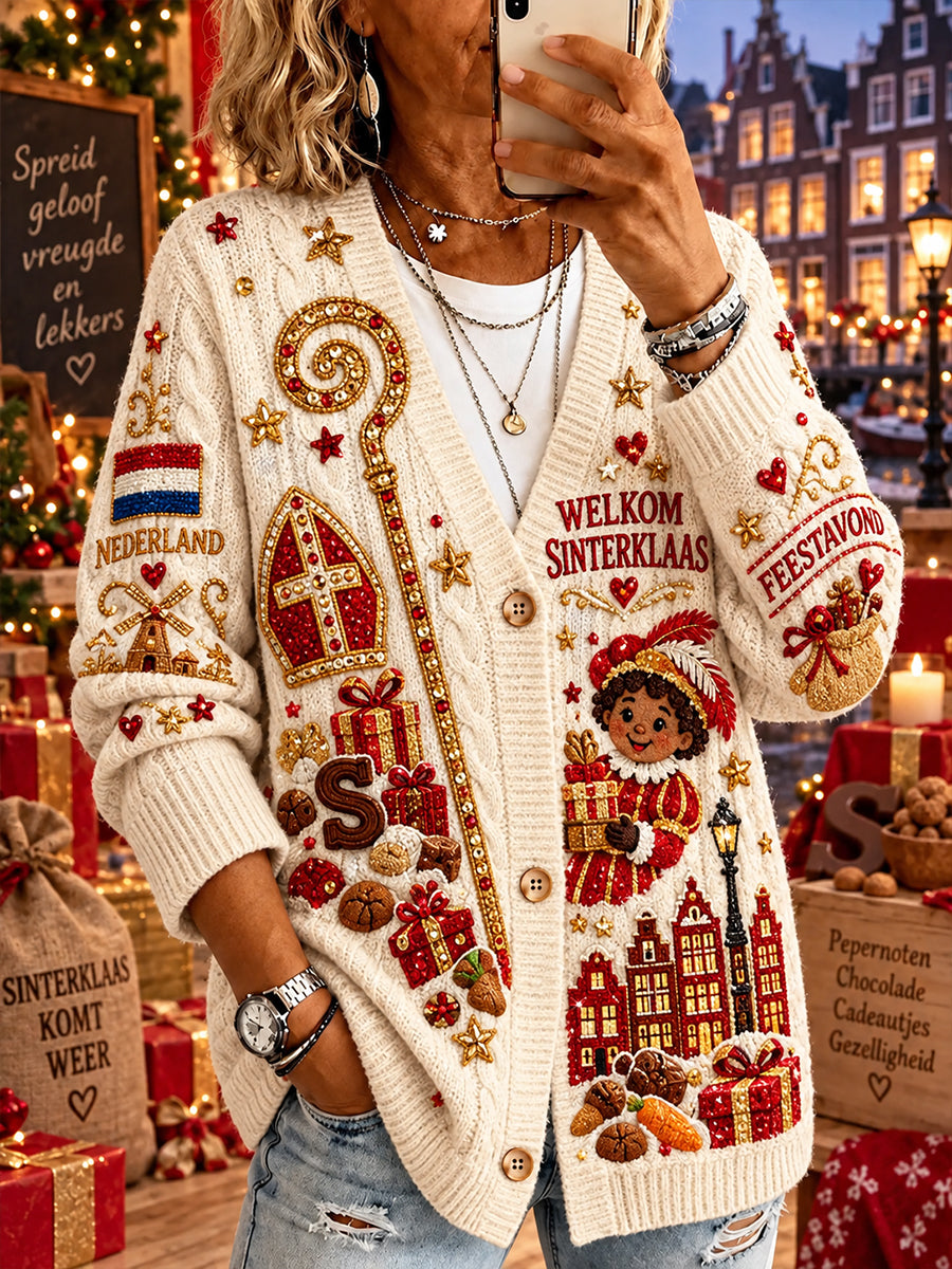 Gebreide vest voor dames met Sint-Nicolaasthema en print