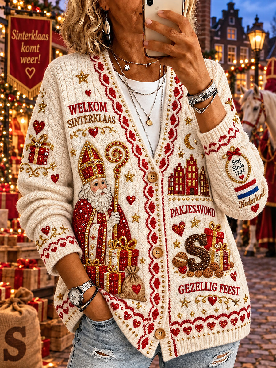 Gebreide vest voor dames met Sint-Nicolaasthema en print