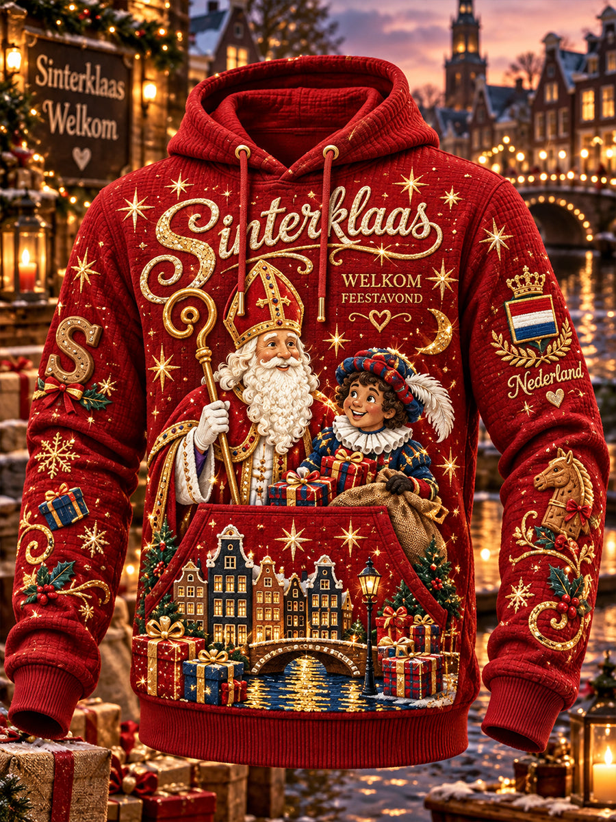 Herenhoodie met grafische print voor Sint Nicolaasdag, gewafeld gebreid