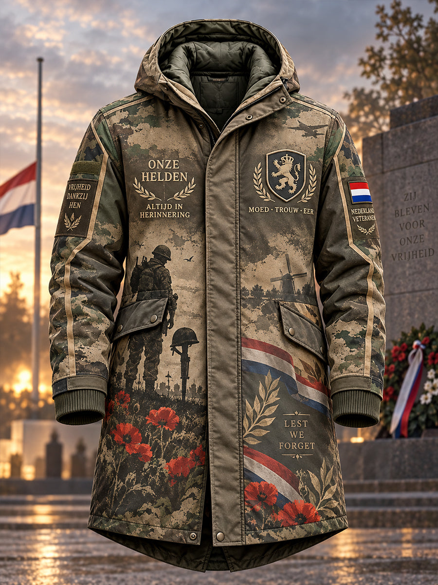 Langvallige windjack met capuchon en grafische print ter herdenking van veteranen voor heren