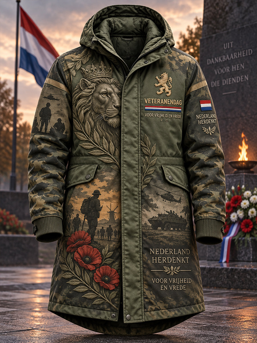 Langvallige windjack met capuchon en grafische print ter herdenking van veteranen voor heren