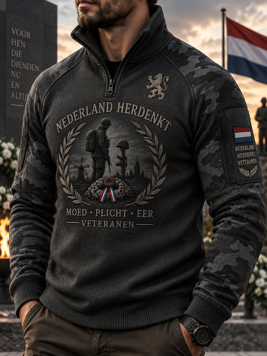 Herensweatshirt met raglanmouwen, lange mouwen en mock-hals, voorzien van een grafische print ter herdenking van veteranen