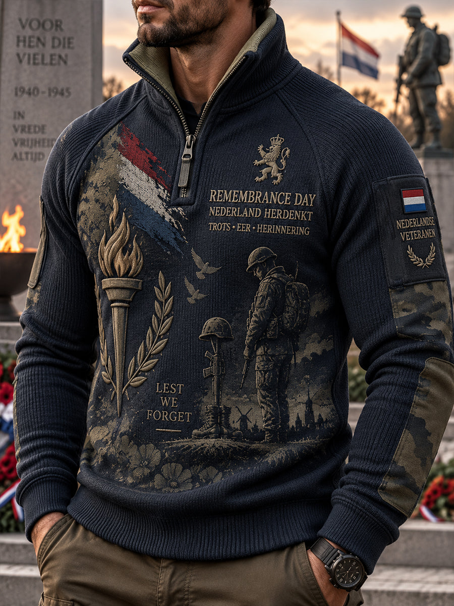 Herensweatshirt met raglanmouwen, lange mouwen en mock-hals, voorzien van een grafische print ter herdenking van veteranen